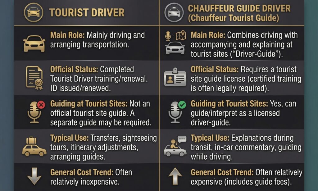 Perbezaan antara "Pemandu Pelancong" dan "Pemandu Pemandu Pribadi"