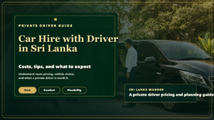 Featured image for car hire with driver in Sri Lanka showing a private driver and premium vehicle