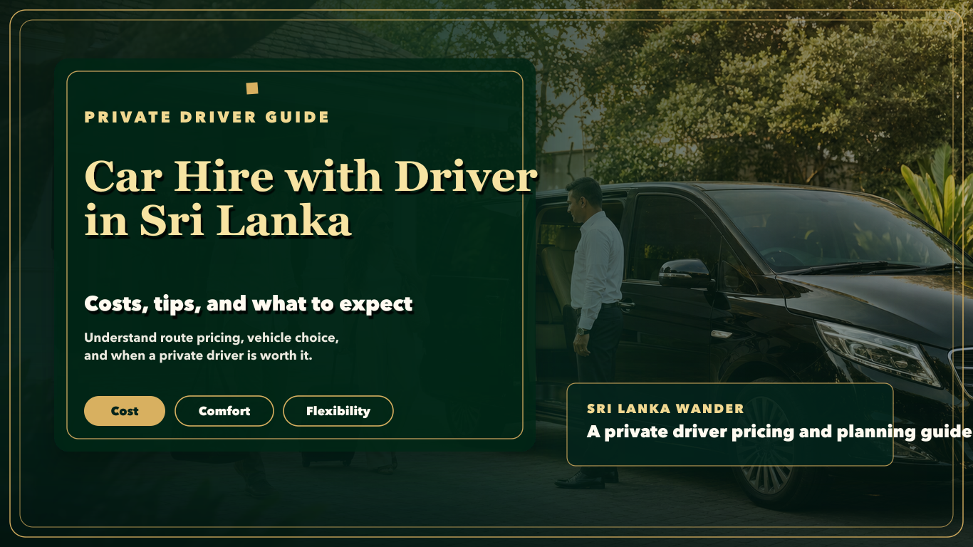 Featured image for car hire with driver in Sri Lanka showing a private driver and premium vehicle