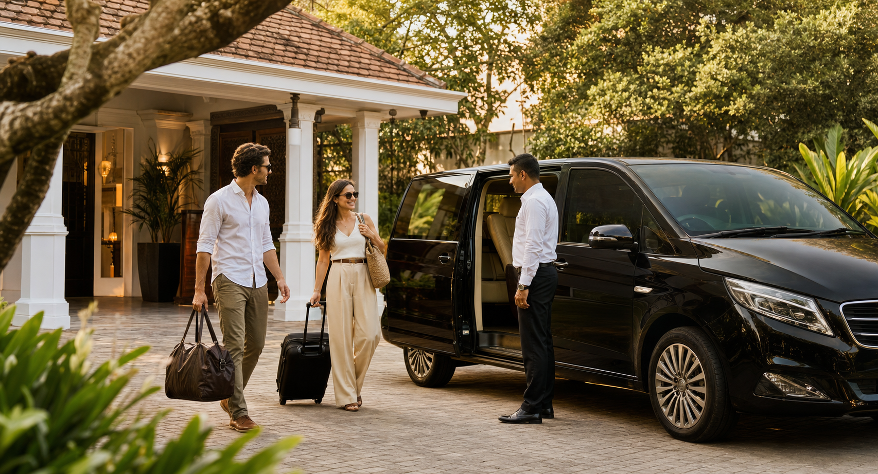 Luxury car hire with driver in Sri Lanka outside a heritage hotel with travellers loading luggage