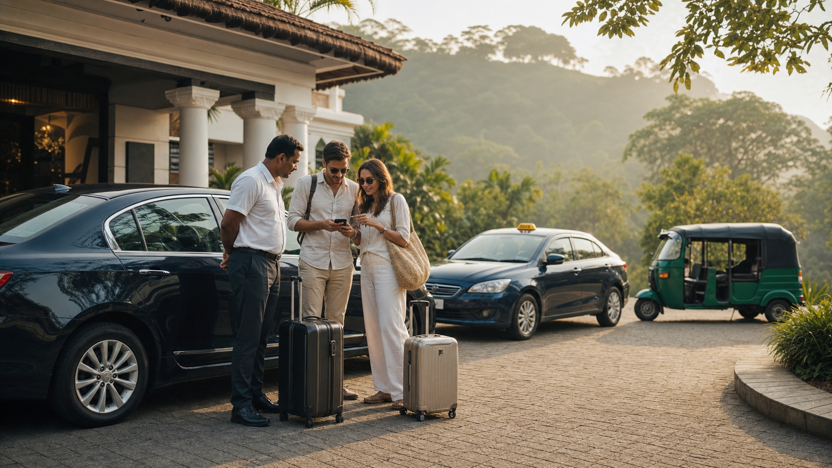 Travellers comparing a Sri Lanka private driver with a taxi and tuk-tuk outside a boutique hotel
