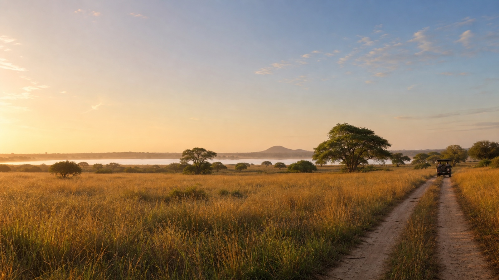 Safari jeep travelling through a Sri Lanka national park landscape at golden hour