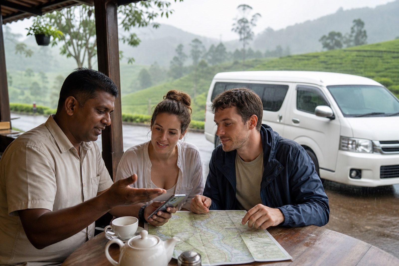 A driver and travellers calmly adjusting their Sri Lanka route during rain