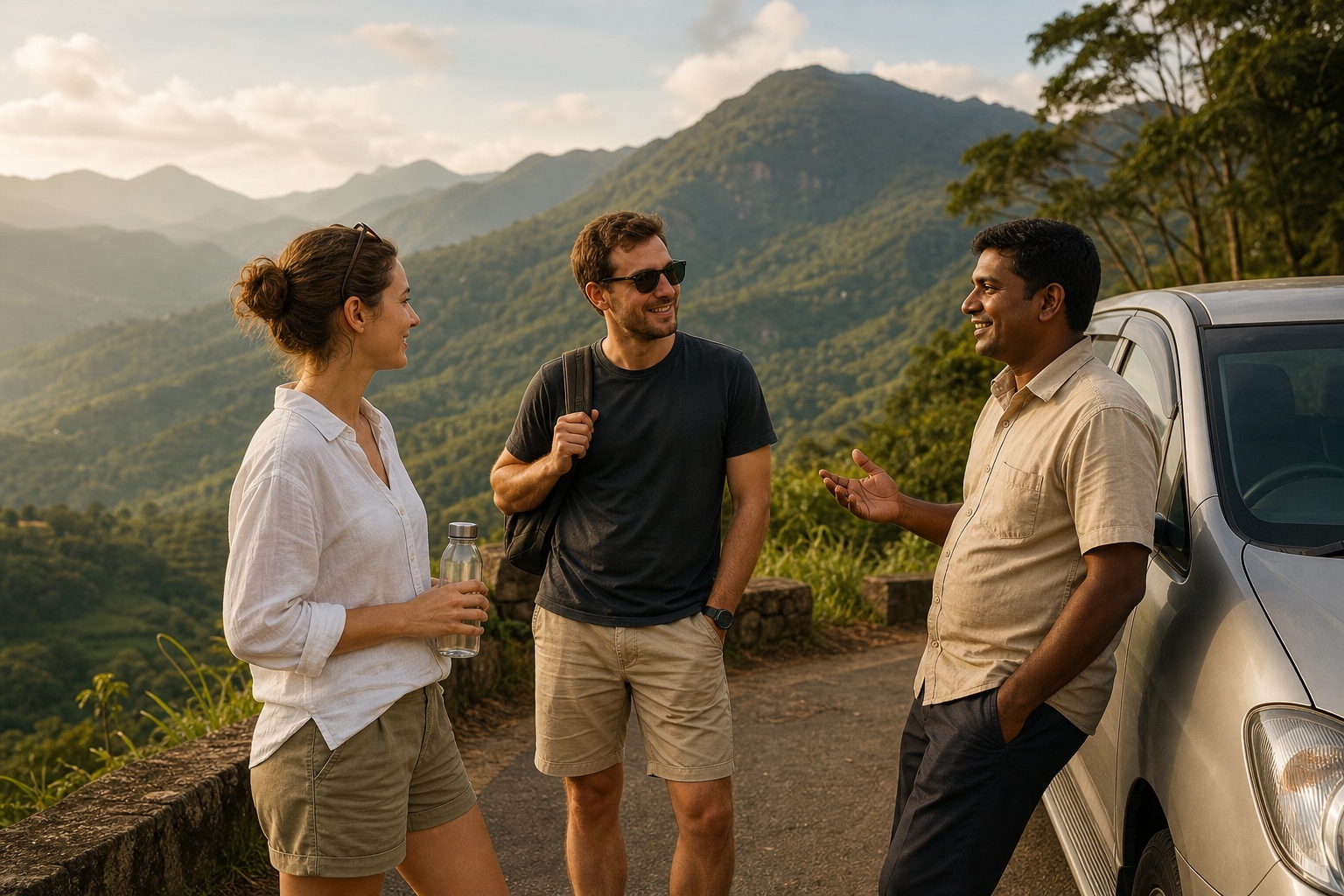 Travellers and their private driver taking a comfortable break on a Sri Lanka hill-country route