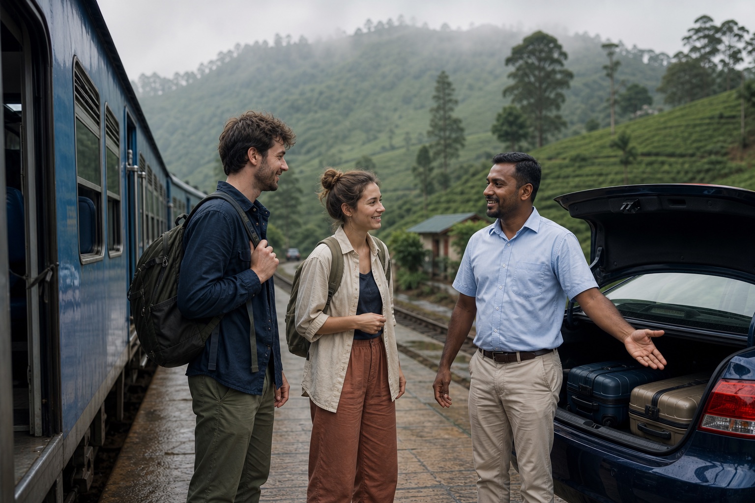 Travellers reconnecting with their private driver after a Sri Lanka hill-country train journey