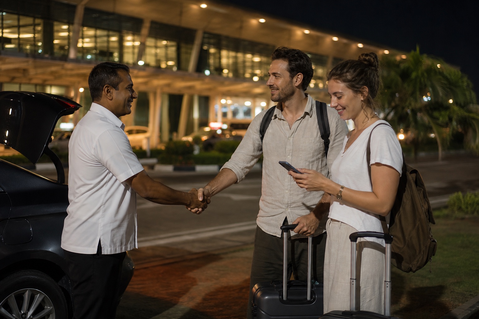 Private driver greeting travellers for a late-night Sri Lanka airport pickup