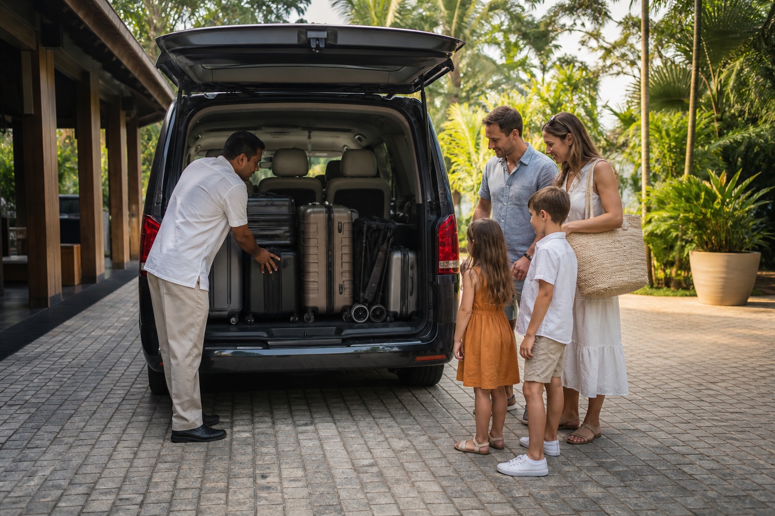 Family checking luggage capacity with a Sri Lanka private driver and van