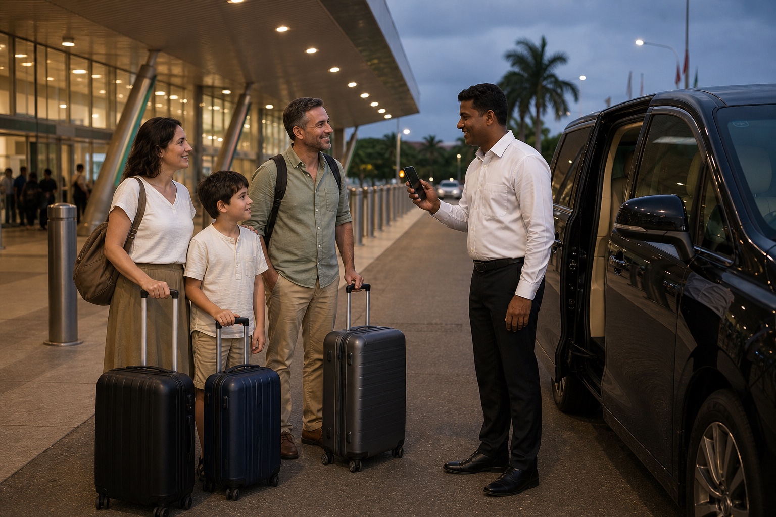 Family meeting a private driver outside Bandaranaike International Airport in Sri Lanka
