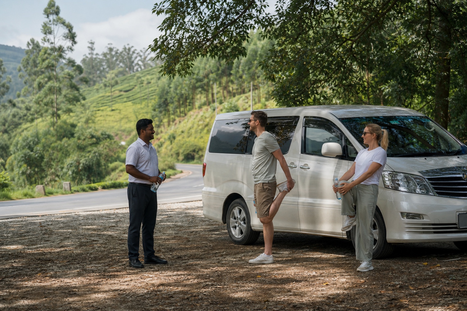 Travellers and their private driver taking a safe rest stop in Sri Lanka hill country
