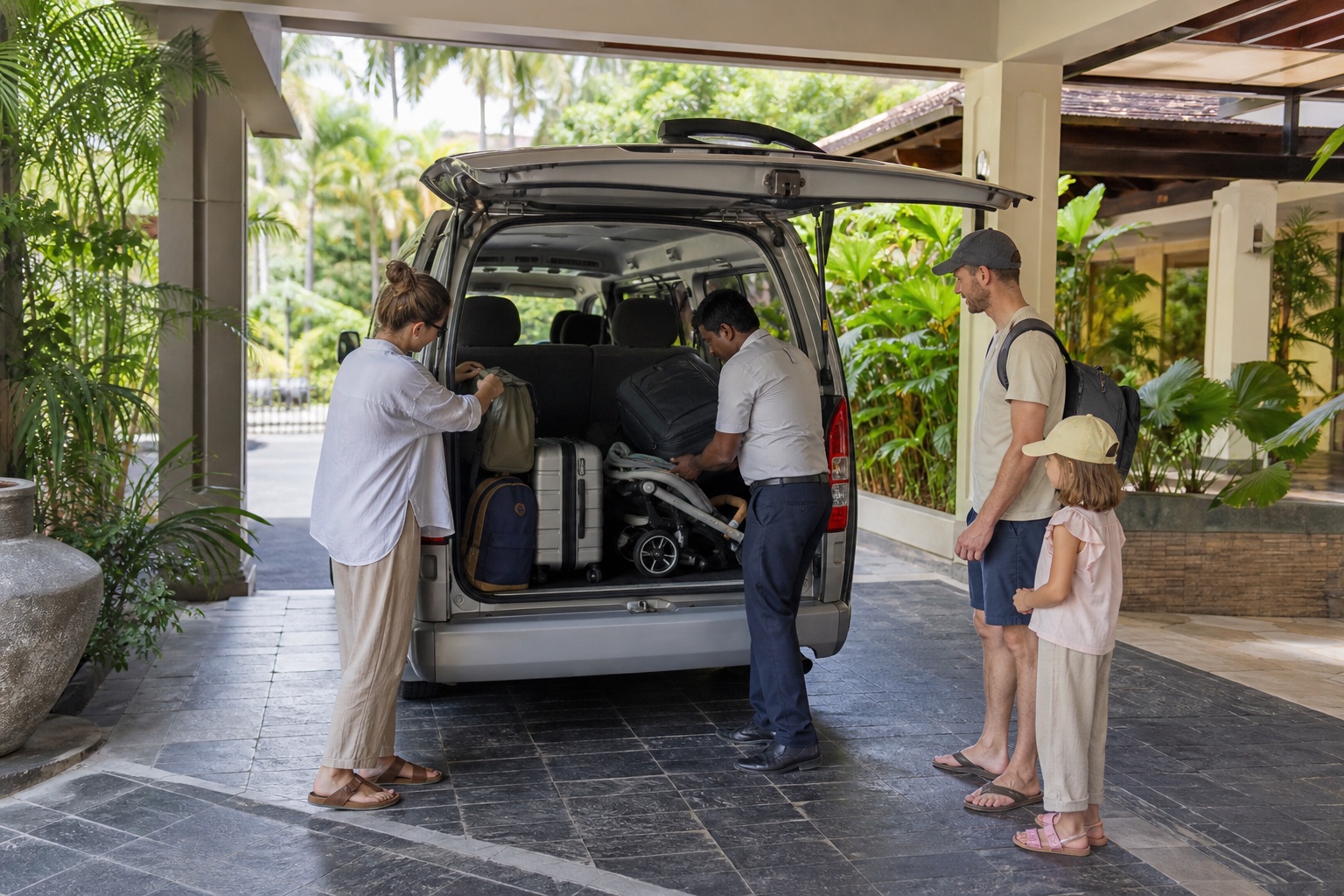 Family and private driver loading suitcases and a folded stroller into a Sri Lanka tour van