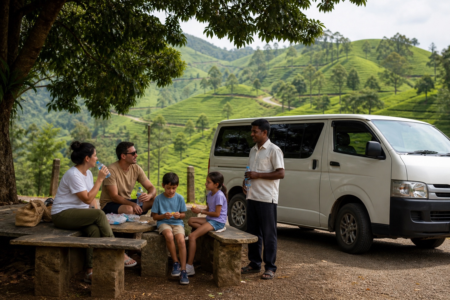 Family taking a planned rest and water break with their driver in Sri Lanka hill country