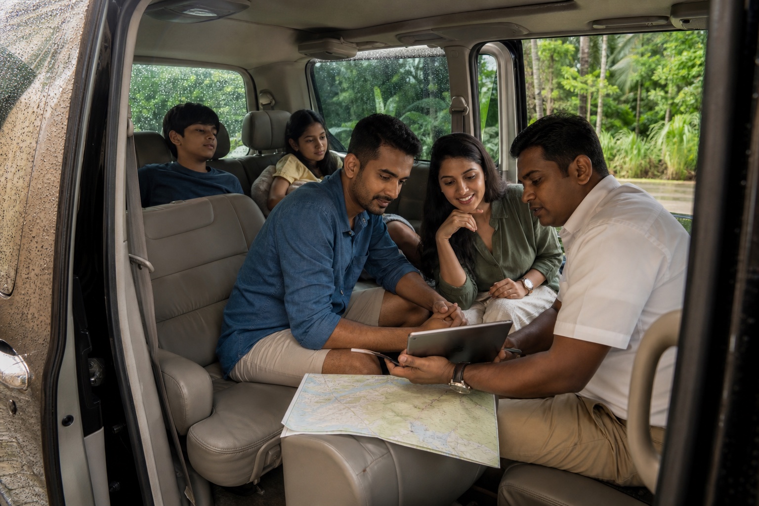 Family and private driver reviewing a changed Sri Lanka itinerary inside a parked van on a rainy day
