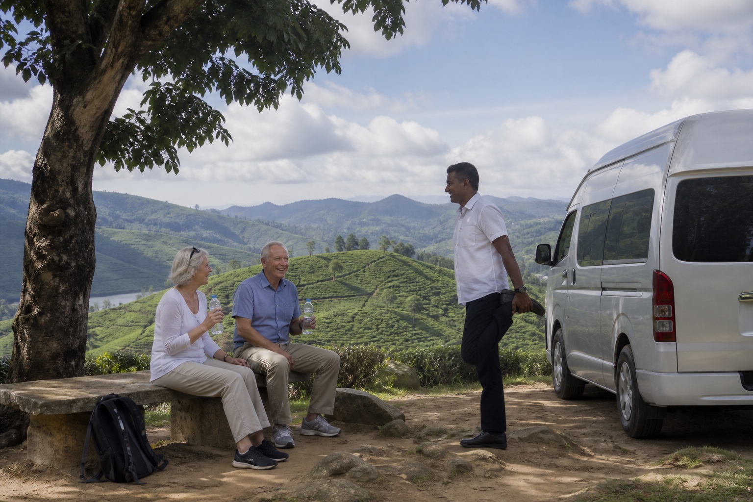 Older travellers taking a planned shade and water break with their private driver in Sri Lanka hill country