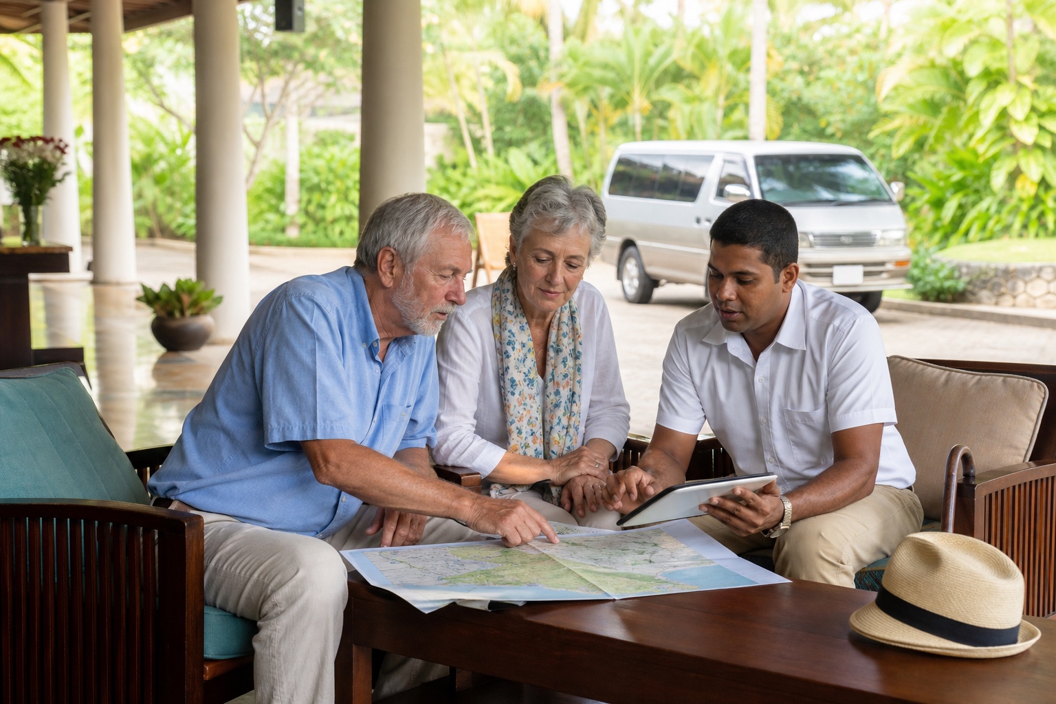 Older travelling couple and Sri Lankan private driver reviewing a slower low-stair itinerary before departure