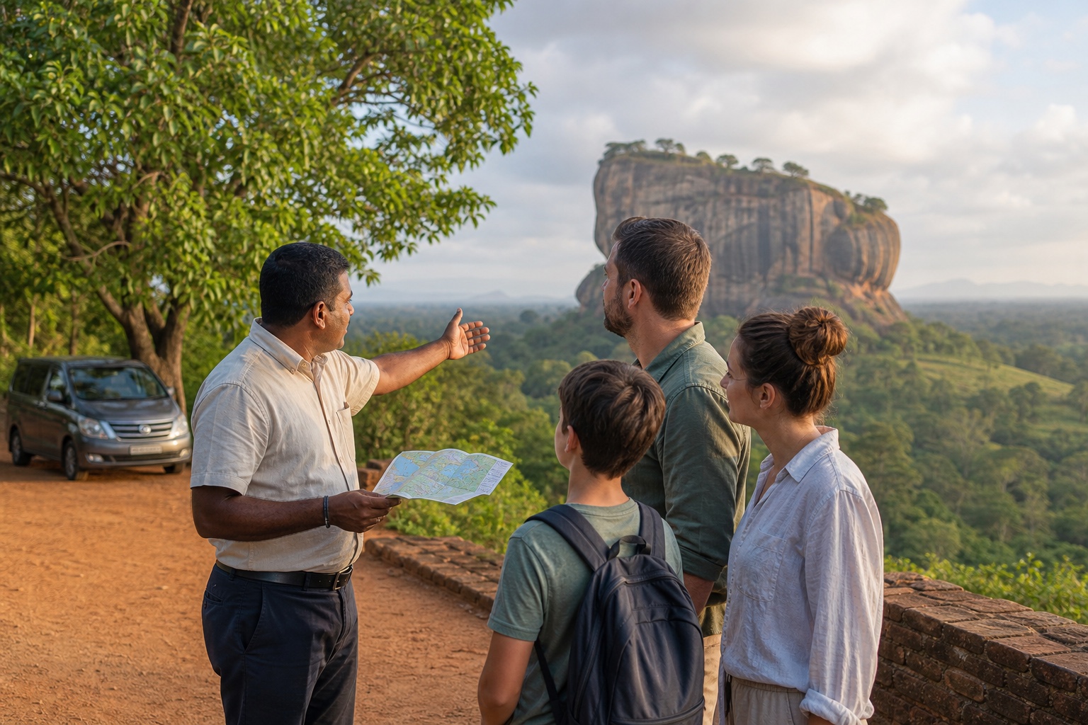 Licensed chauffeur tourist guide explaining the Sigiriya landscape to a family