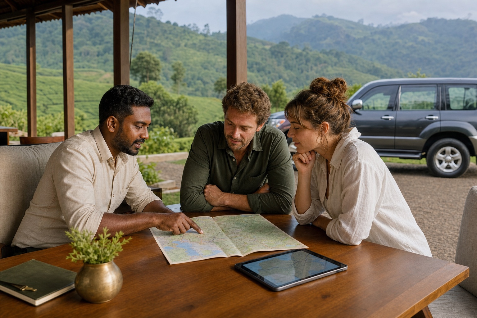 English-speaking Sri Lankan driver planning a private route with travellers