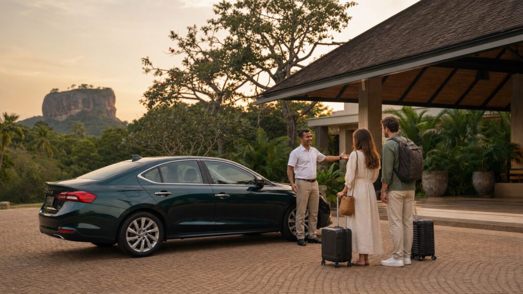 Government-licensed Sri Lankan private driver welcoming travellers beside a car near Sigiriya