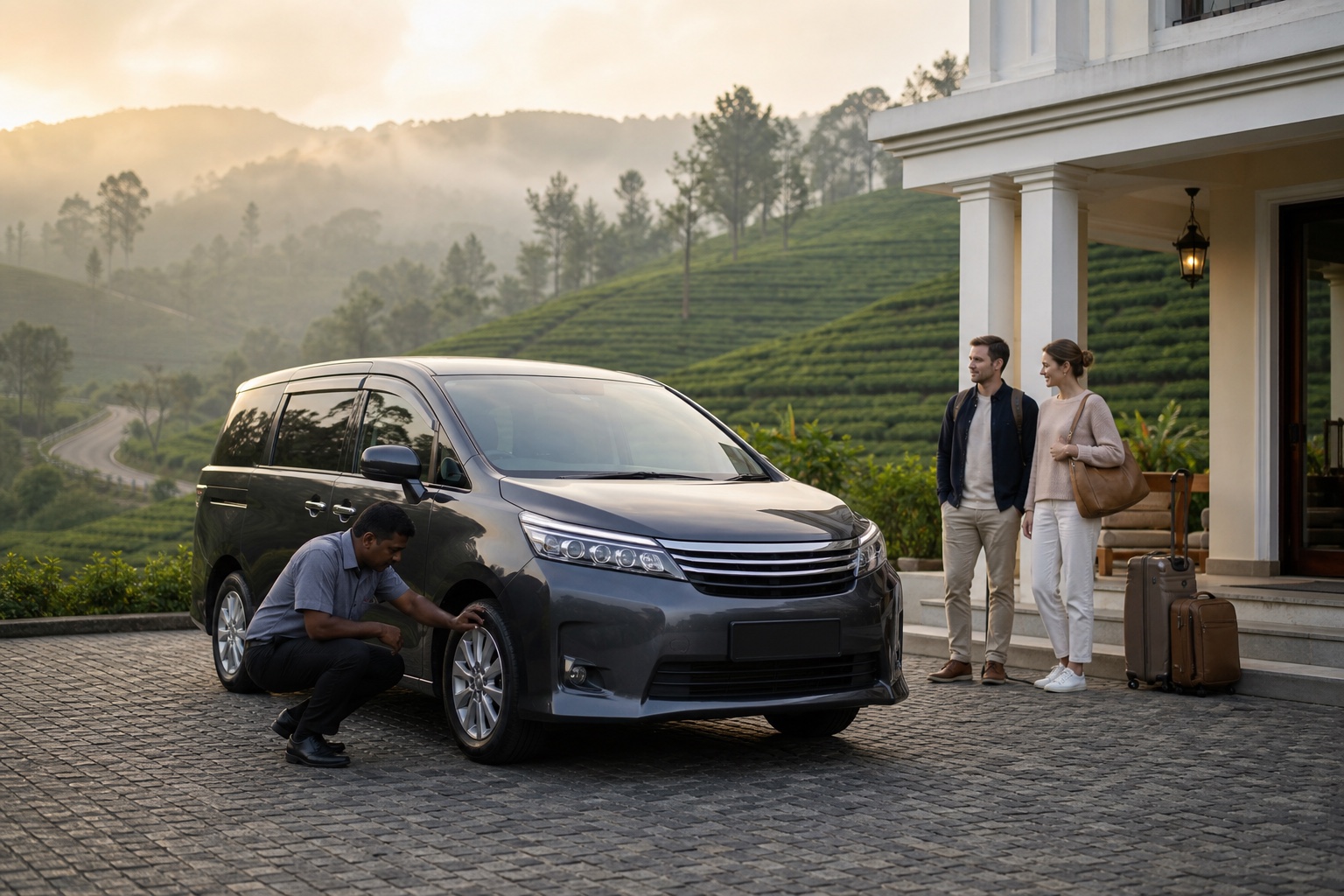 Professional private driver checking a vehicle before a Sri Lanka hill-country journey