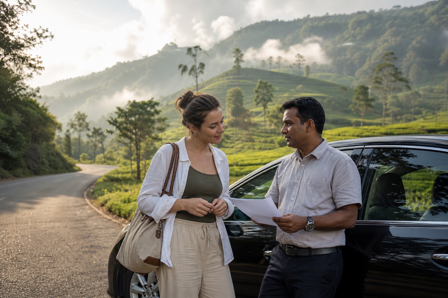 Solo woman traveller discussing a Sri Lanka tea country route with her private driver beside the car