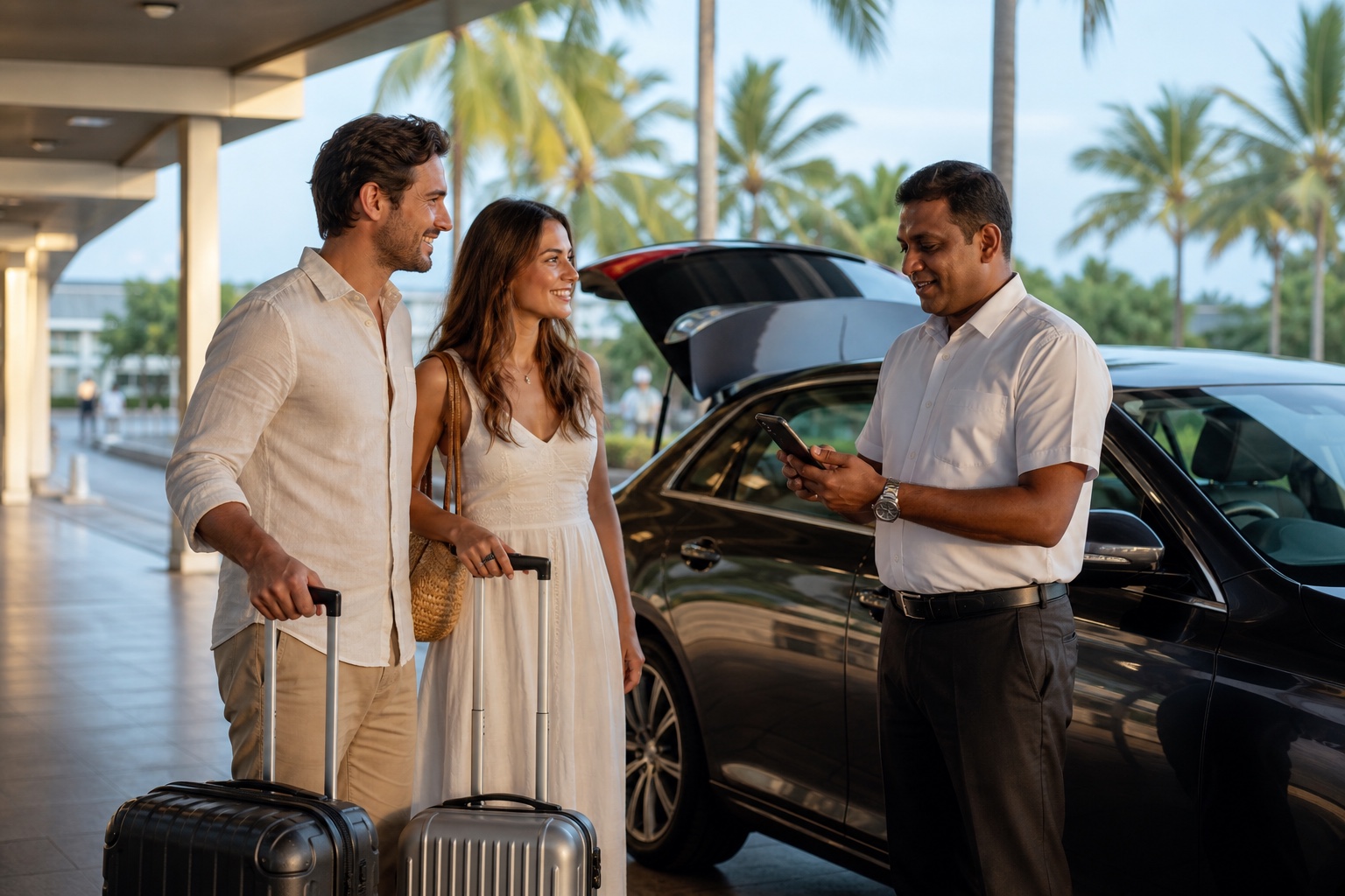 Honeymoon couple meeting their private driver with suitcases at Colombo airport in Sri Lanka