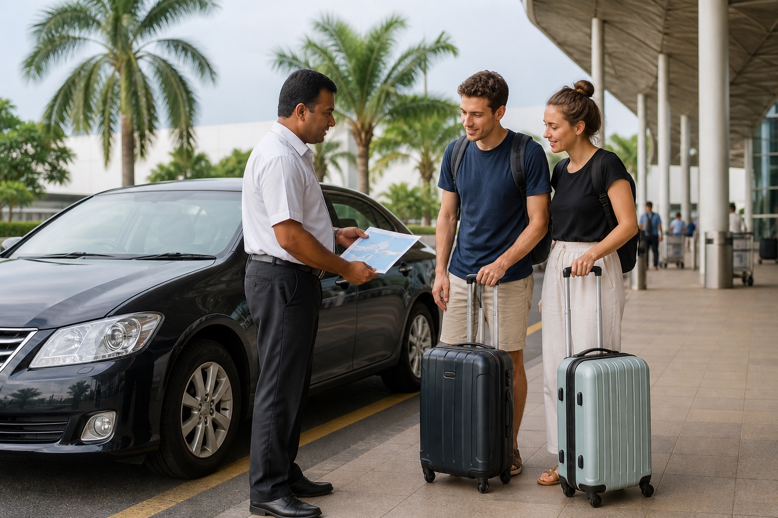 First-time travellers meeting their private driver with luggage at Colombo airport before a seven-day Sri Lanka route