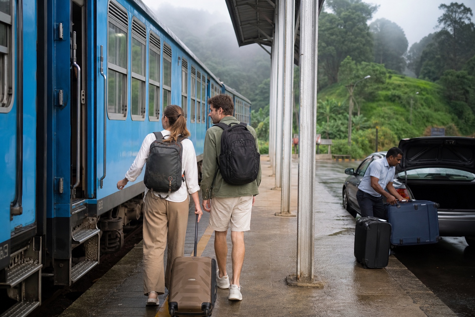 Travellers boarding a Sri Lanka hill-country train while their private driver coordinates the main luggage