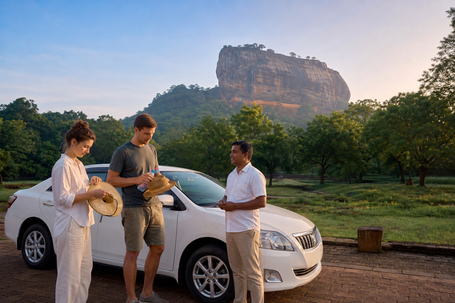 Travellers preparing for an early Sigiriya visit beside their private car and driver