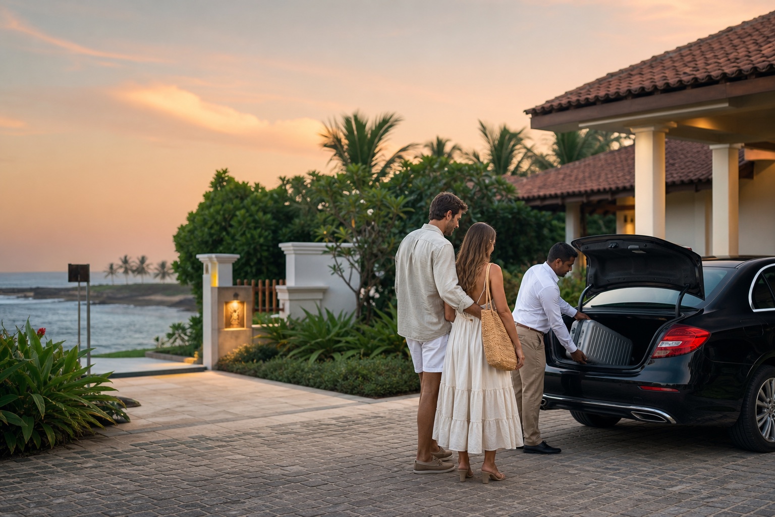 Honeymoon couple arriving by private car at a boutique hotel on Sri Lanka's south coast at sunset