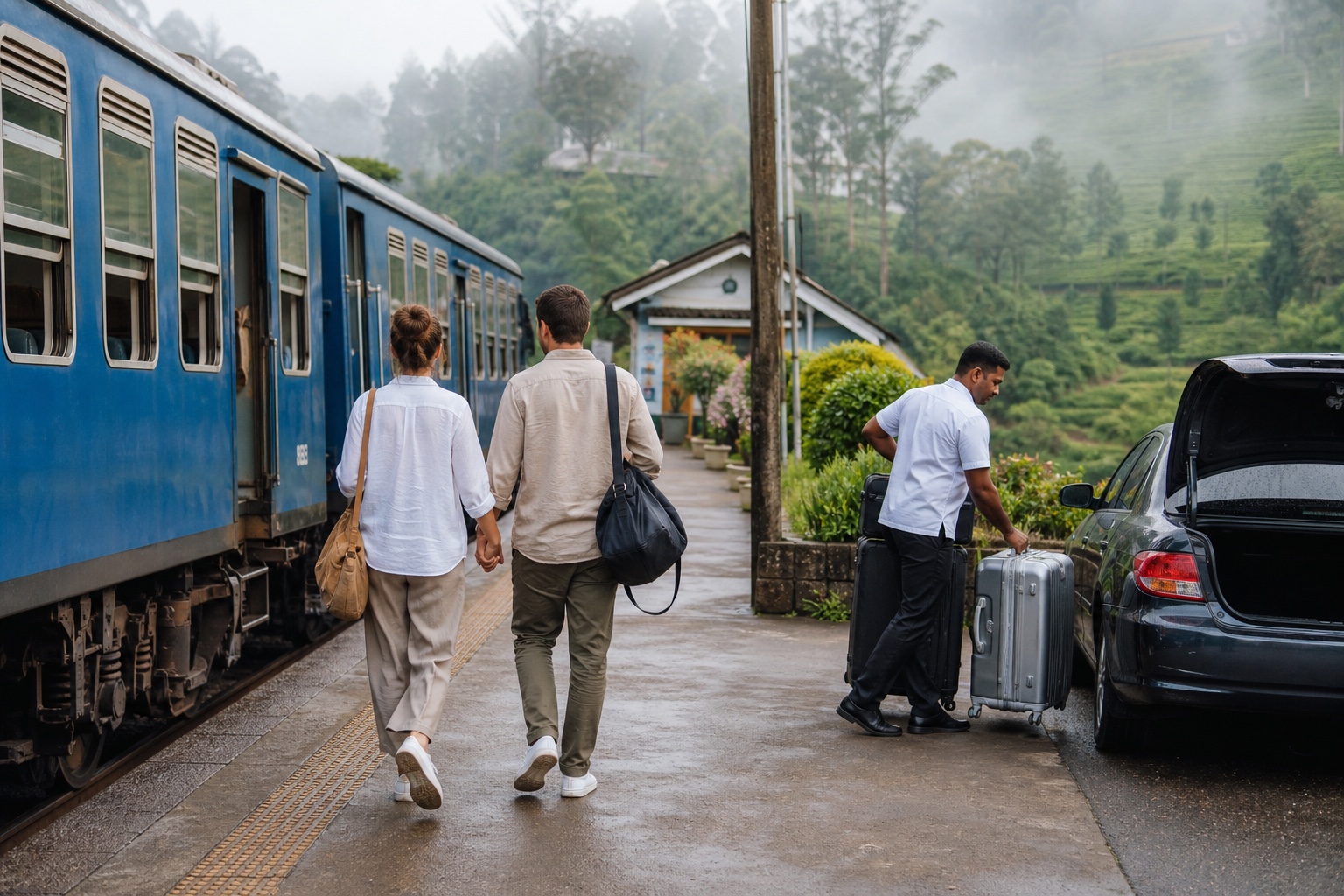 Honeymoon couple boarding a Sri Lanka hill-country train while their private driver coordinates the main luggage